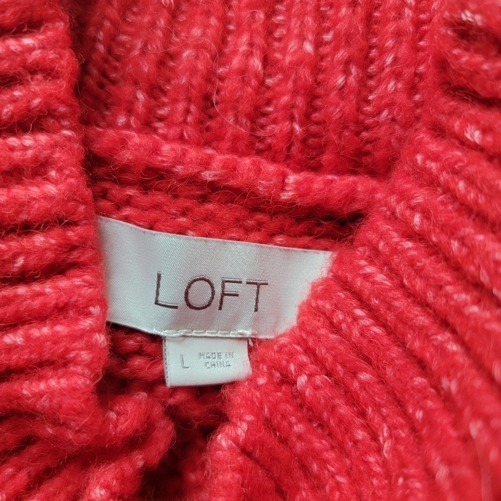 Loft Red Wool Blend‎ Cropped Mock Turtleneck Cable Knit Soft Sweater Size L - Picture 7 of 12